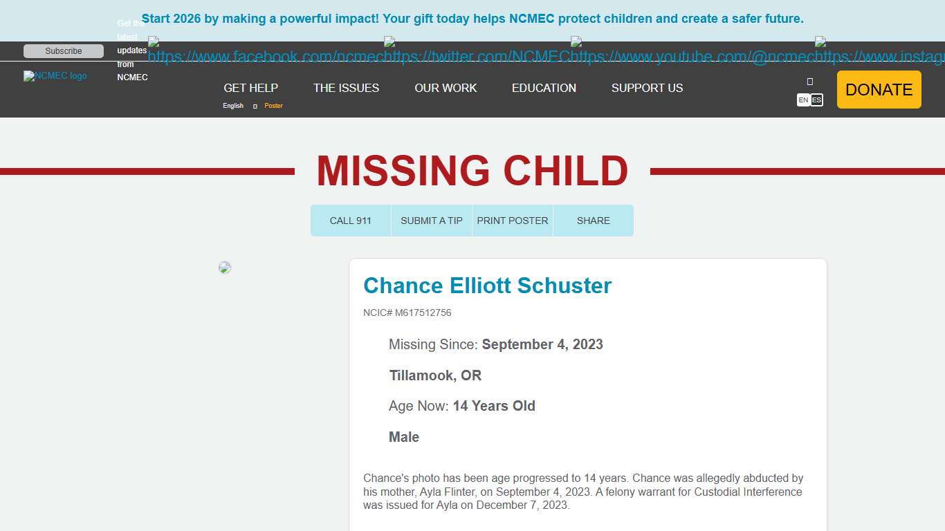 Have you seen this child? Chance Elliott Schuster